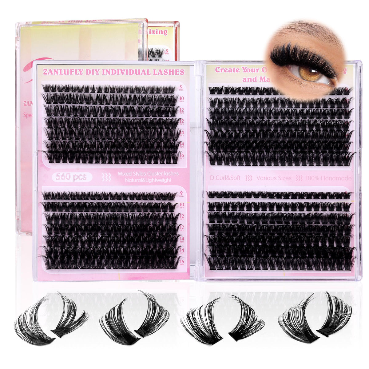zanlufly Lash Clusters D-Curly Individual Lashes with tools