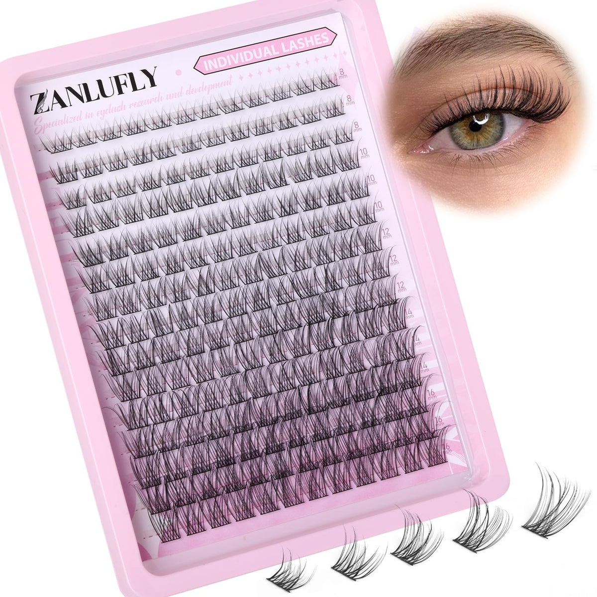 zanlufly Wispy Eyelash Clusters 180Pcs packaging front view