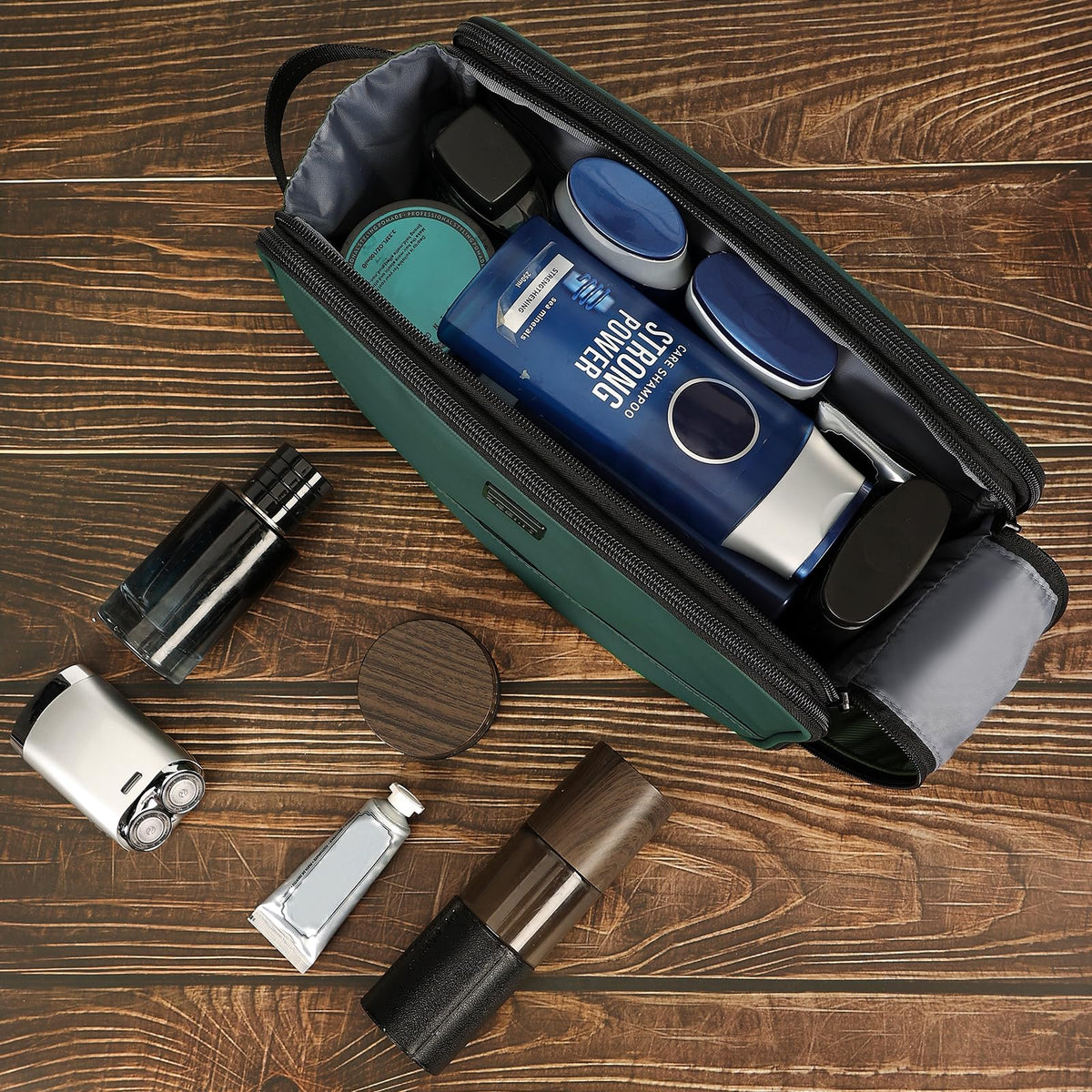 ZEEMO Toiletry Bag in use at a bathroom sink with toiletries