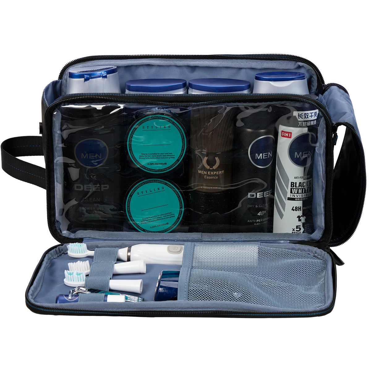 ZEEMO Toiletry Bag open displaying fully see-through compartments