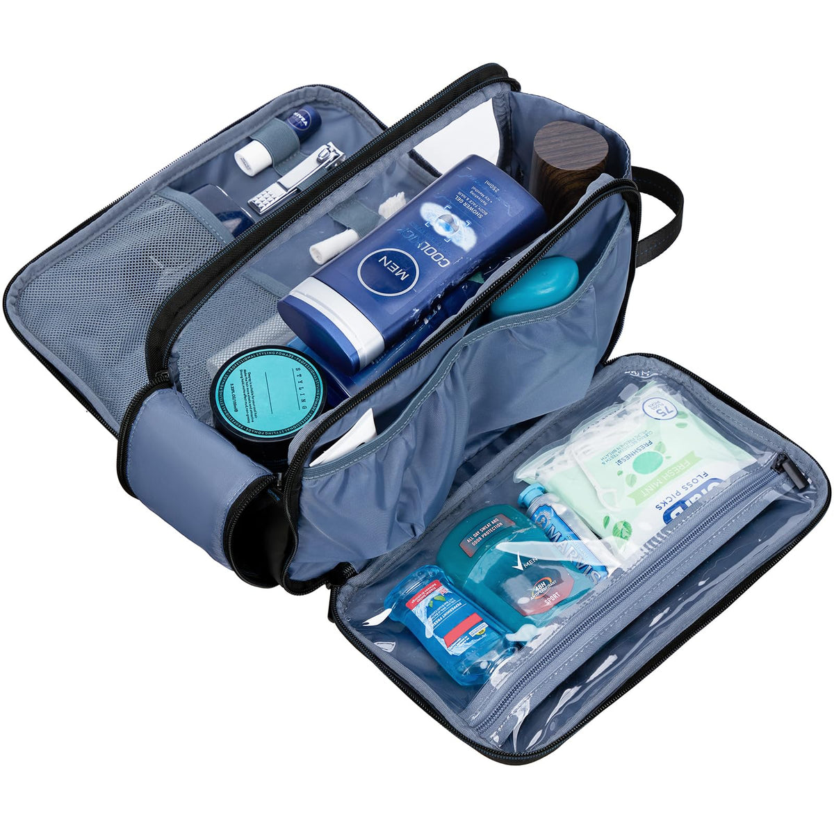 ZEEMO Toiletry Bag side view showing sturdy double zippers