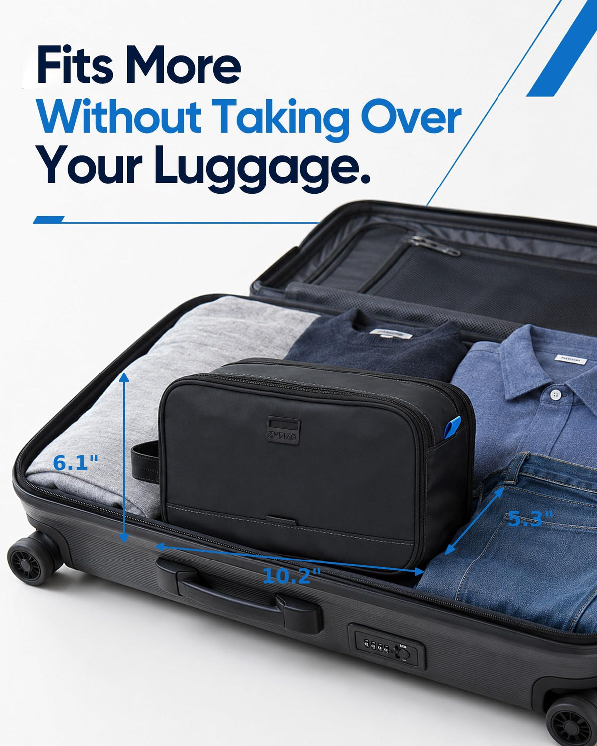 ZEEMO Travel Toiletry Bag compactly packed in a suitcase