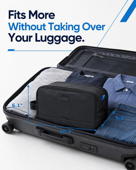 ZEEMO Travel Toiletry Bag compactly packed in a suitcase