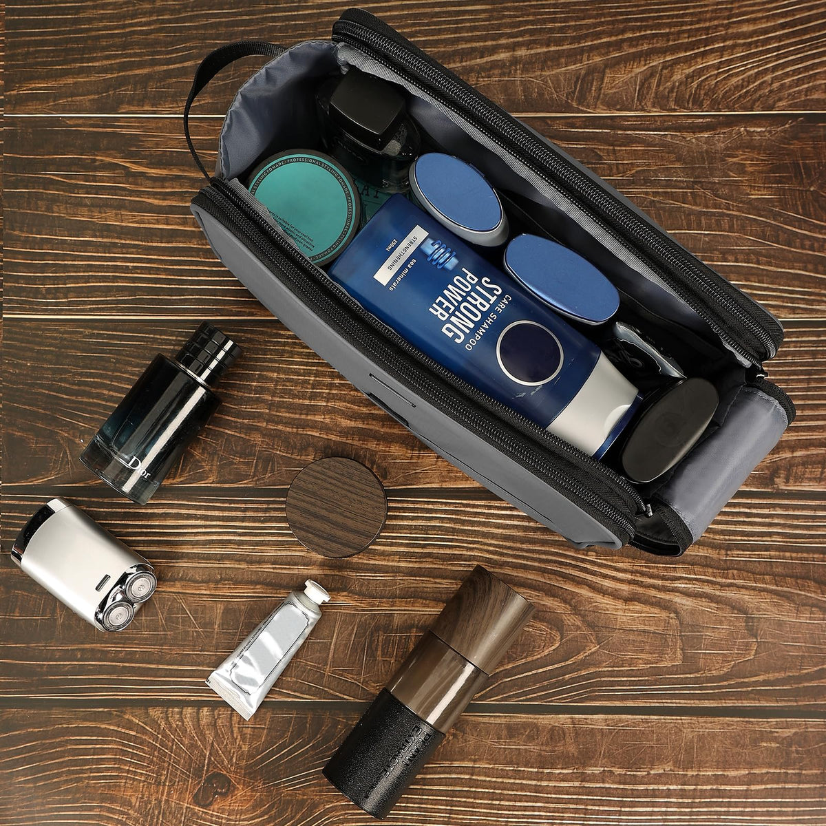 ZEEMO Travel Toiletry Bag displayed with toiletries inside