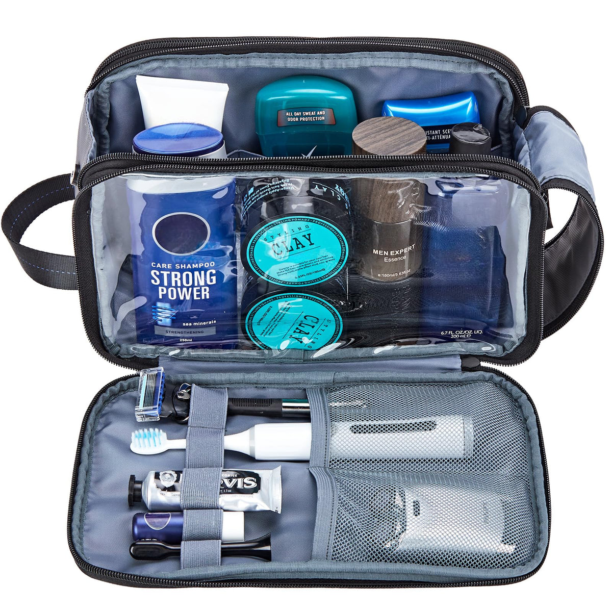 ZEEMO Travel Toiletry Bag open with toiletries inside