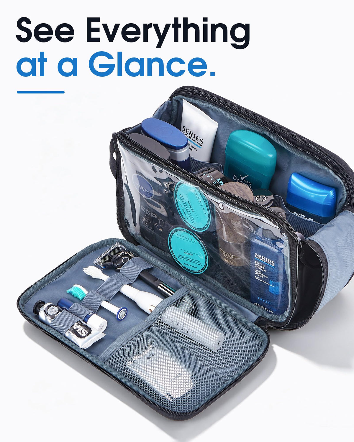 ZEEMO Travel Toiletry Bag showing see-through compartment