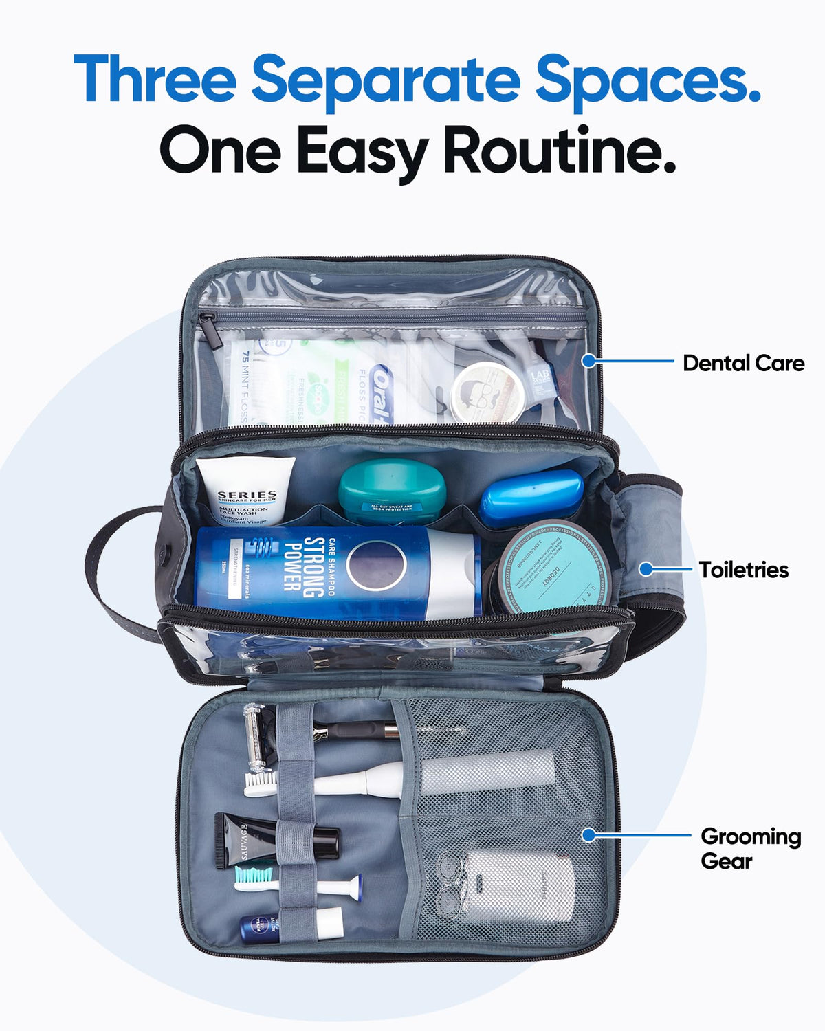 ZEEMO Travel Toiletry Bag side view with zippers