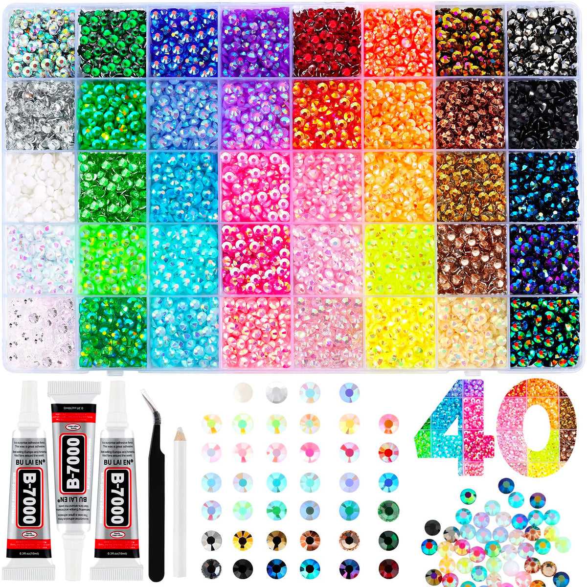 Zefy 40 Colours 5mm Resin Jelly Rhinestones Bedazzler Kit front view with organiser box