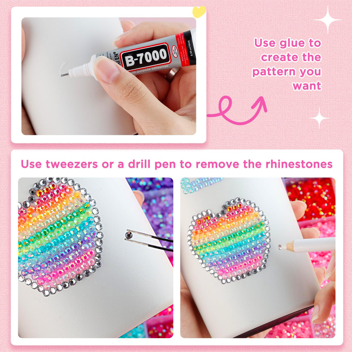 Zefy rhinestones being applied to a DIY project with tweezers