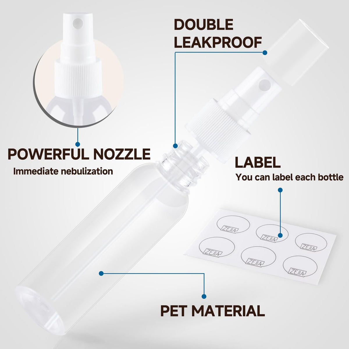 ZEJIA 2oz travel spray bottle clear side view