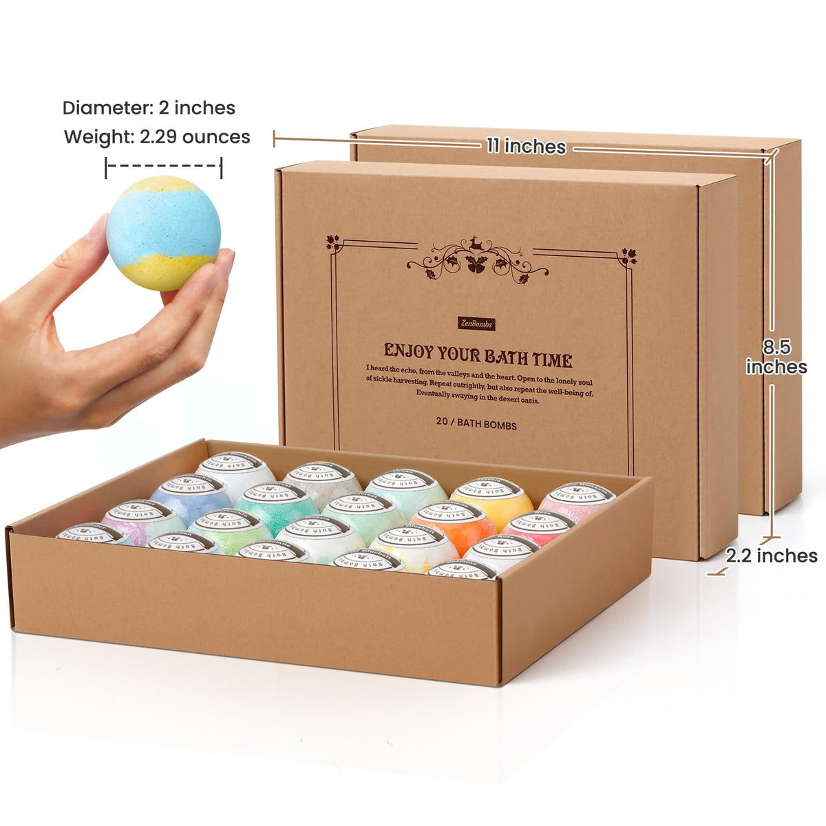 ZenBombs bath bombs arranged by scent including lavender and cherry blossoms