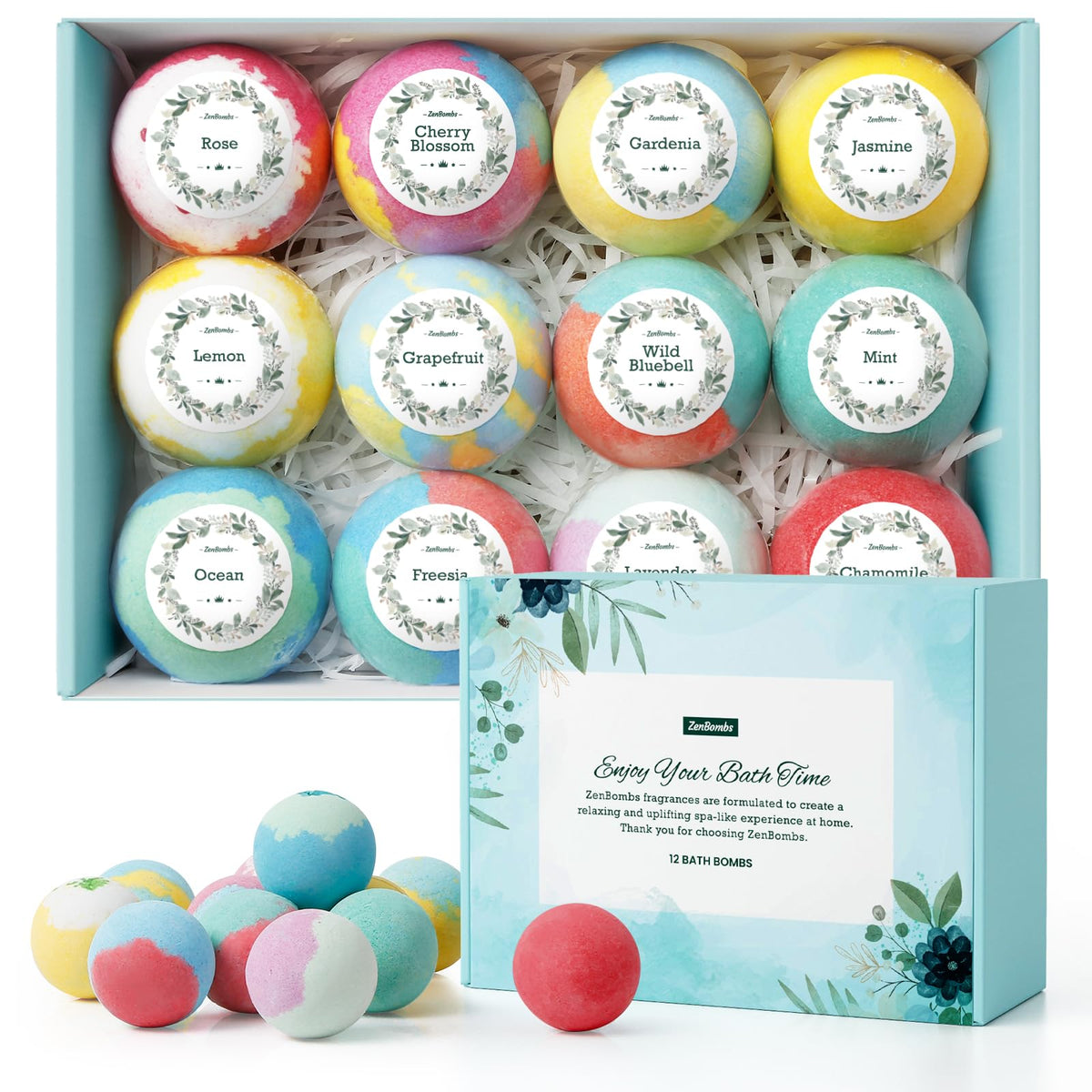 ZenBombs Bath Bombs gift set with 12 unique fragrances