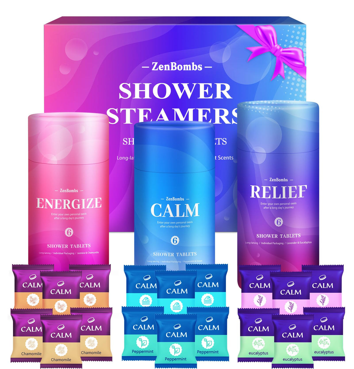 ZenBombs Shower Steamers 18 Pack in elegant packaging