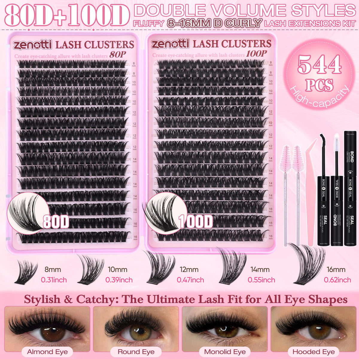zenotti Lash Clusters Kit 544PCS with precision tweezers and lash brush