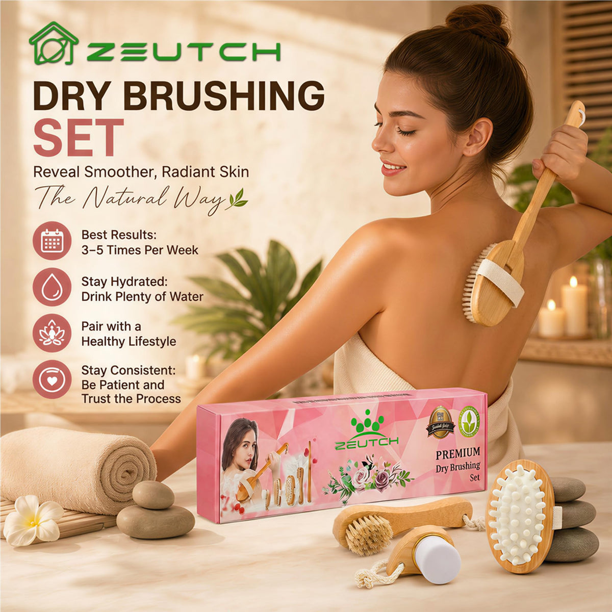 Zeutch dry brushing body brush set displayed on a bathroom counter