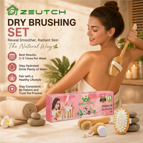 Zeutch dry brushing body brush set displayed on a bathroom counter