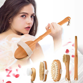 Zeutch Dry Brushing Body Brush Set with long handle and face brushes