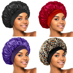 ZHENSILK 4Pcs Silk Bonnets in black, wine red, purple, and leopard print