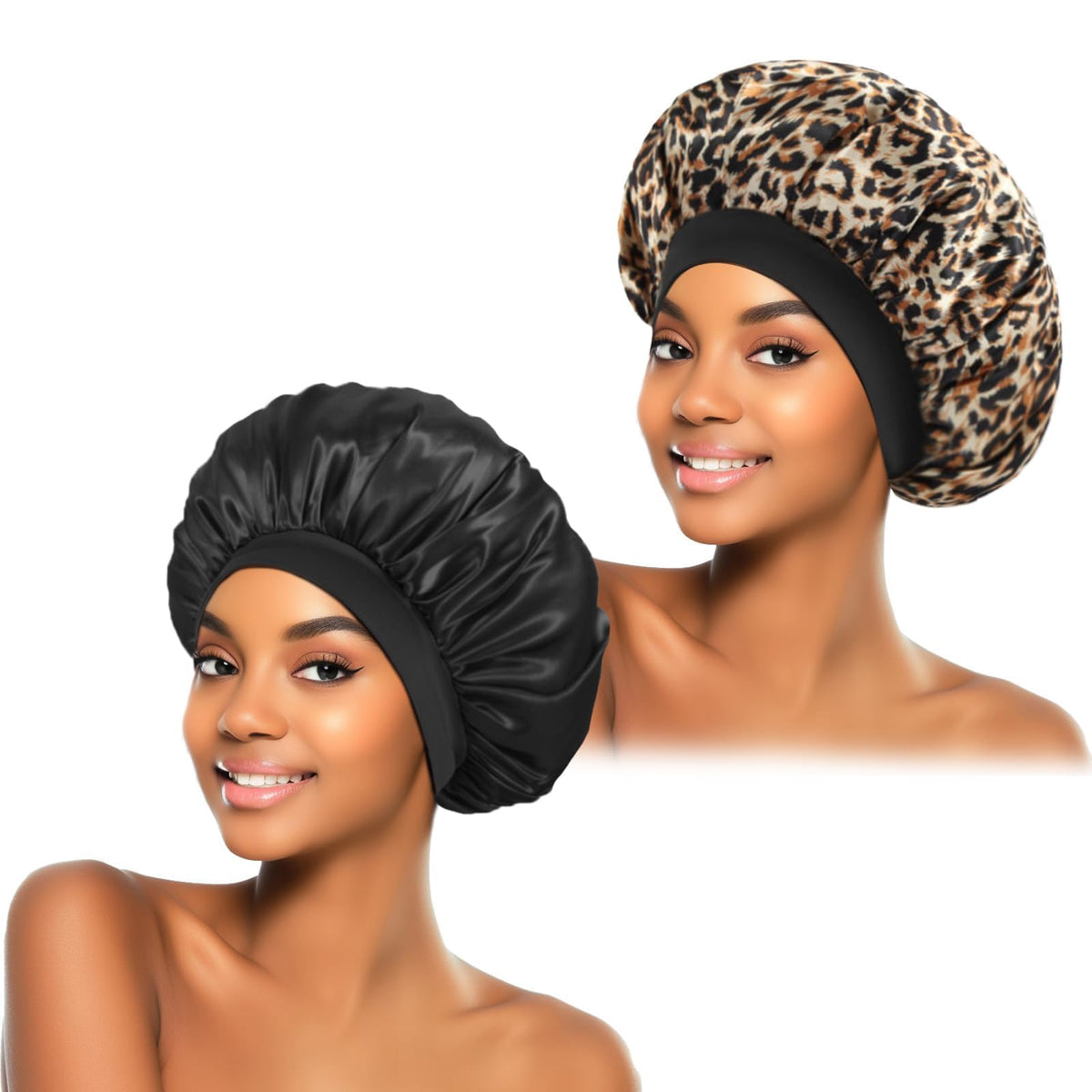ZHENSILK Satin Bonnet for Sleeping in Black Leopard front view