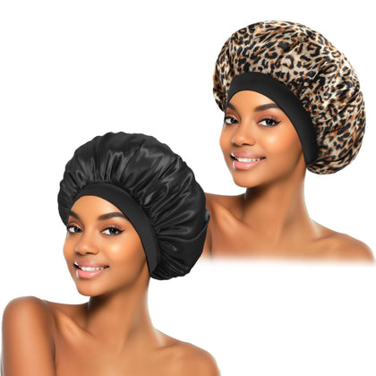 ZHENSILK Satin Bonnet for Sleeping in Black Leopard front view