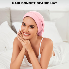 ZHENSILK Silk Satin Lined Bonnet worn by a model with curly hair