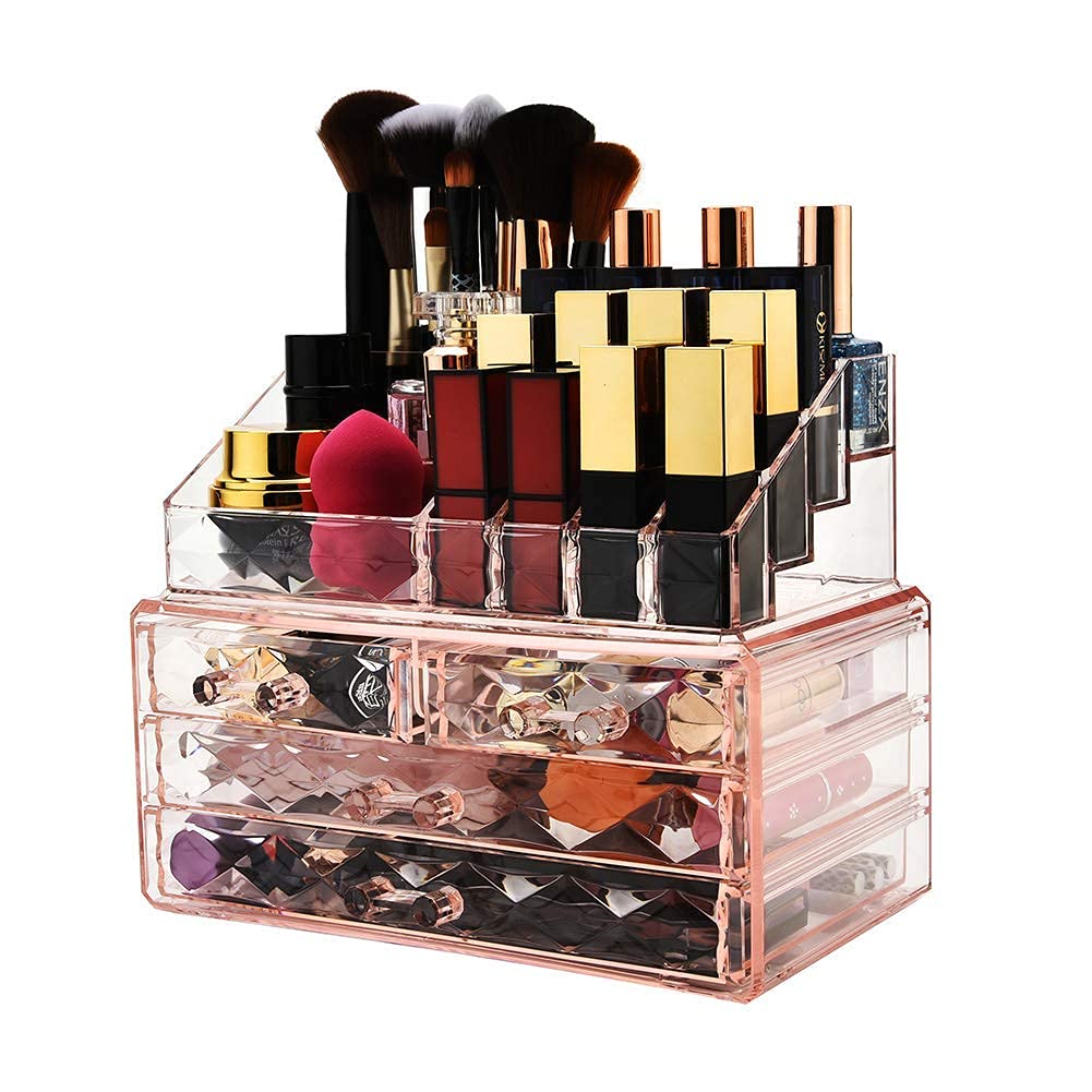 ZHIAI Stackable Cosmetic Organizer side view with lipsticks and brushes