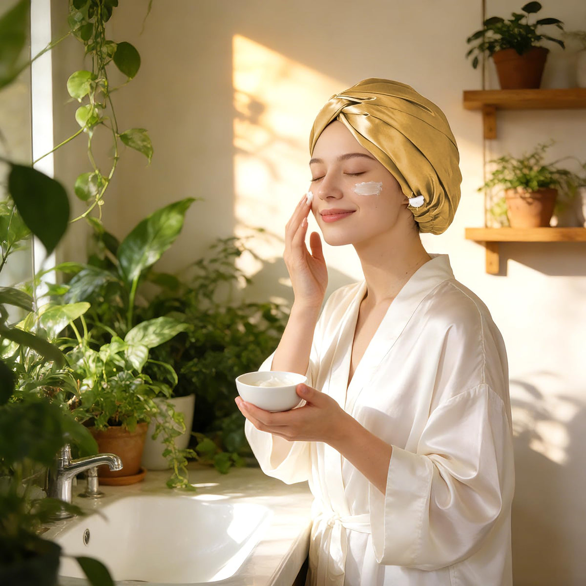 ZIMASILK 22 Momme Silk Bonnet in gold lifestyle shot