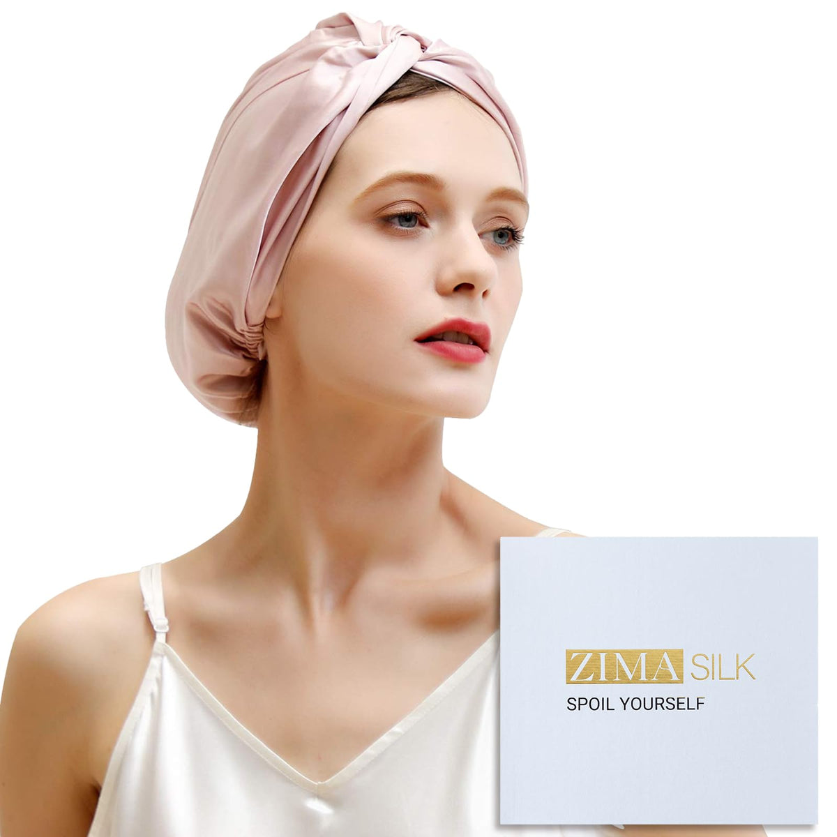ZIMASILK 22 Momme Silk Bonnet in pink front view