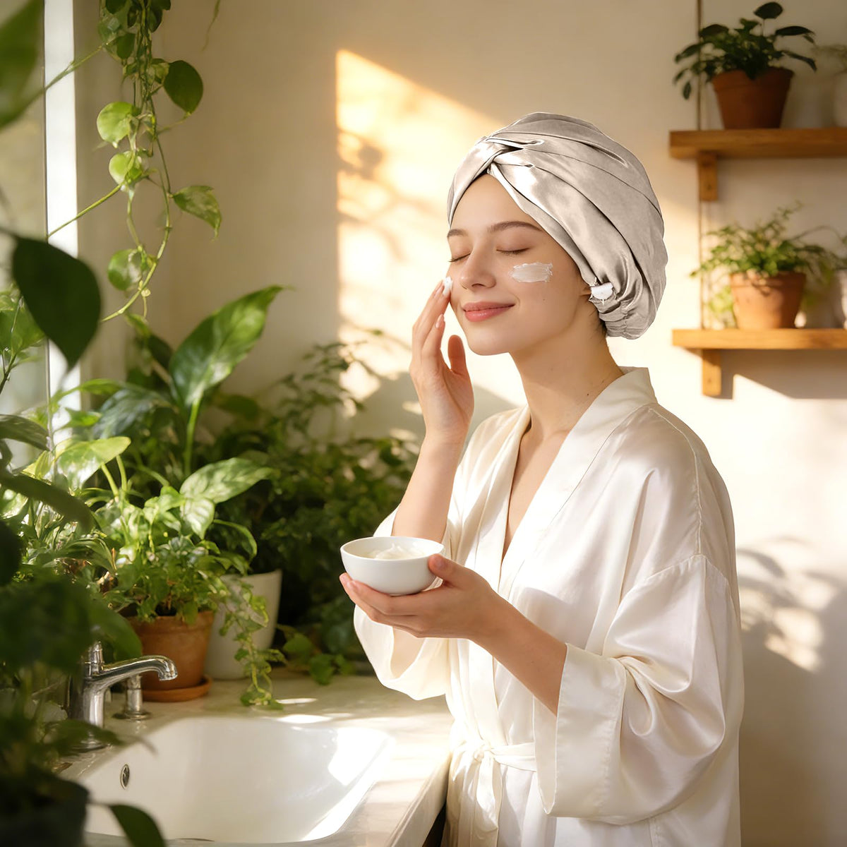 ZIMASILK Silk Bonnet worn by a model while sleeping