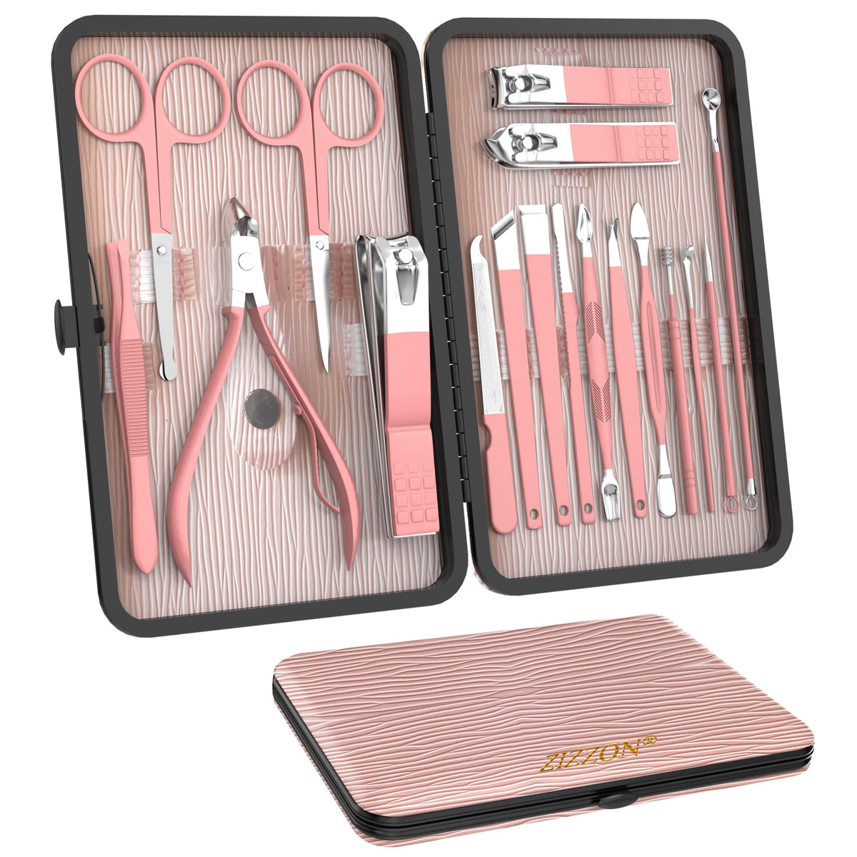ZIZZON 18 in 1 Manicure Set pink leather case front view