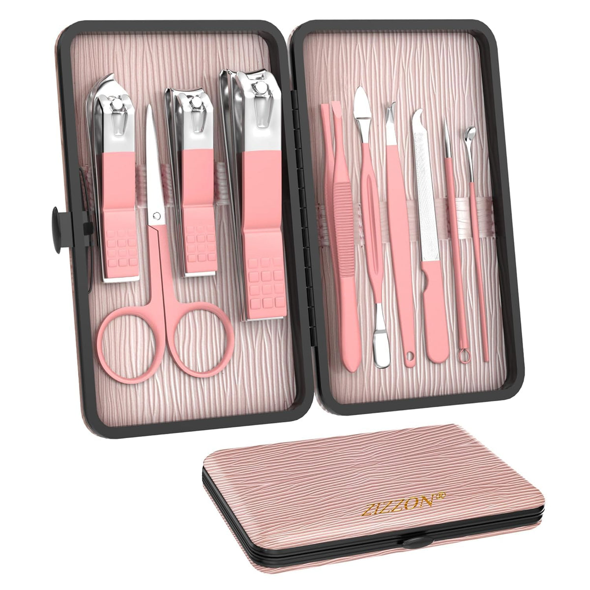 ZIZZON Travel Mini Manicure Set 10 in 1 with pink case front view