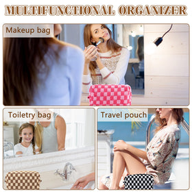 ZLFSRQ Checkered Makeup Bag set displayed on a travel suitcase