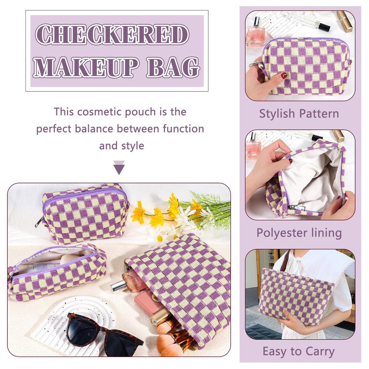 ZLFSRQ Checkered Makeup Bag Set folded for travel