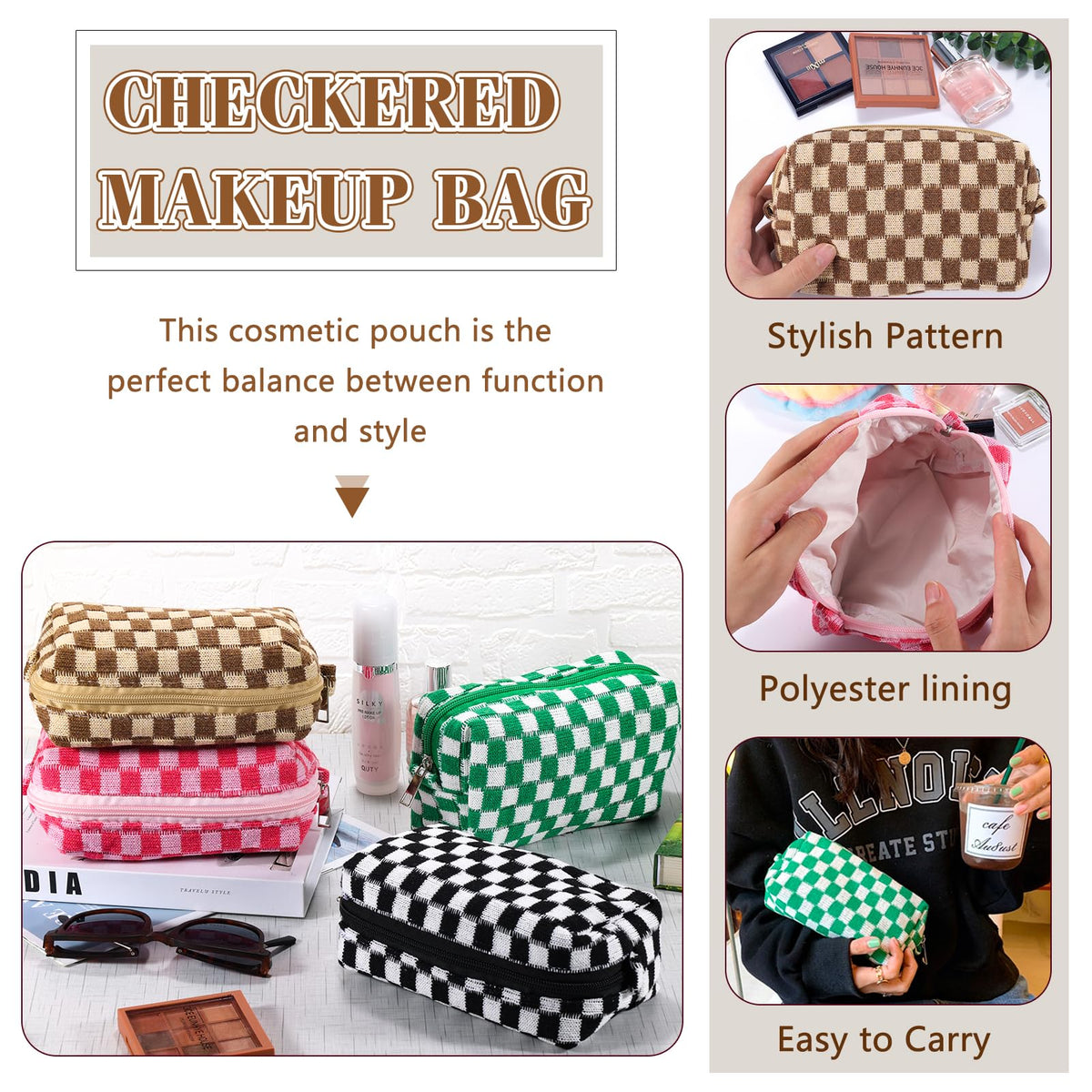 ZLFSRQ Checkered Makeup Bag set in a stylish flat lay arrangement