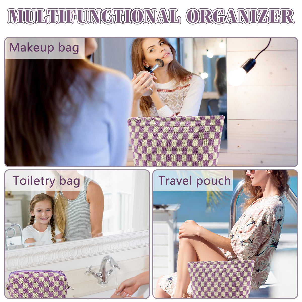 ZLFSRQ Checkered Makeup Bag Set in purple colour