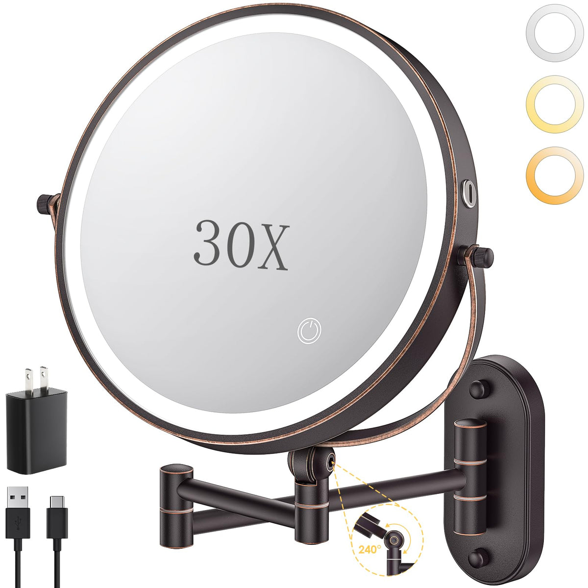 ZLOKLA 9-inch wall mounted lighted makeup mirror front view