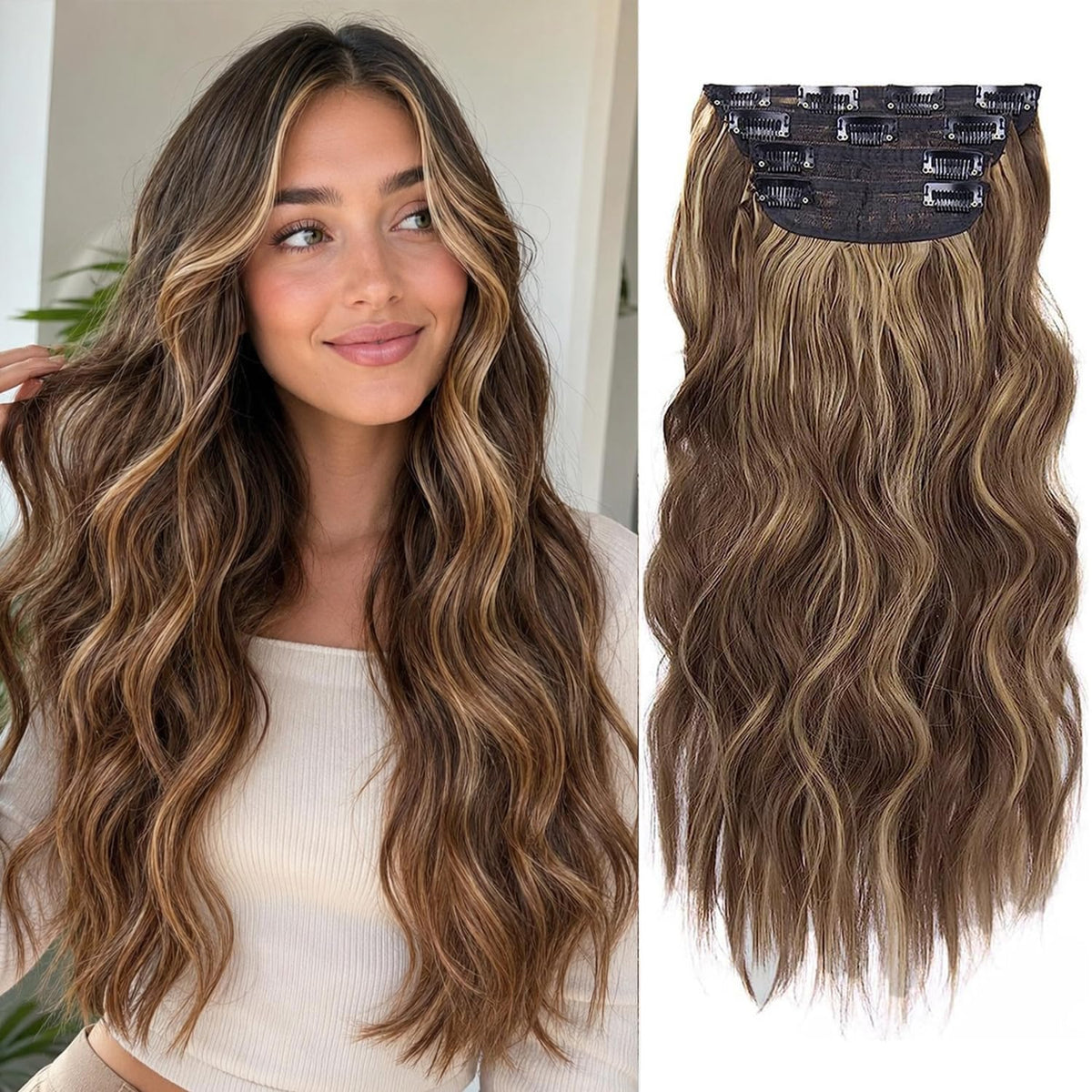ZQIAN BEAUTY 20 inches wavy synthetic clip in hair extensions front view