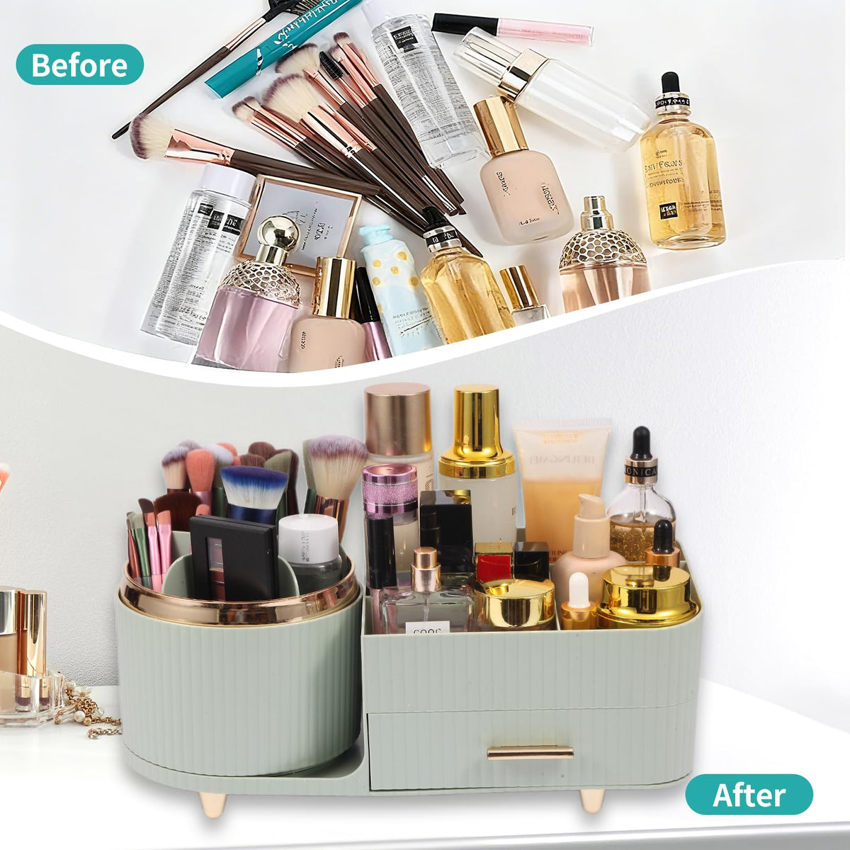 Zufudo Makeup Organizer drawer open with cosmetics inside