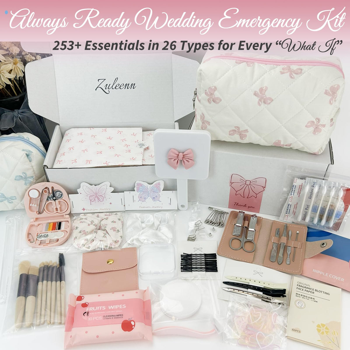 ZULEENN Bridal Emergency Kit contents including fashion tape and safety pins
