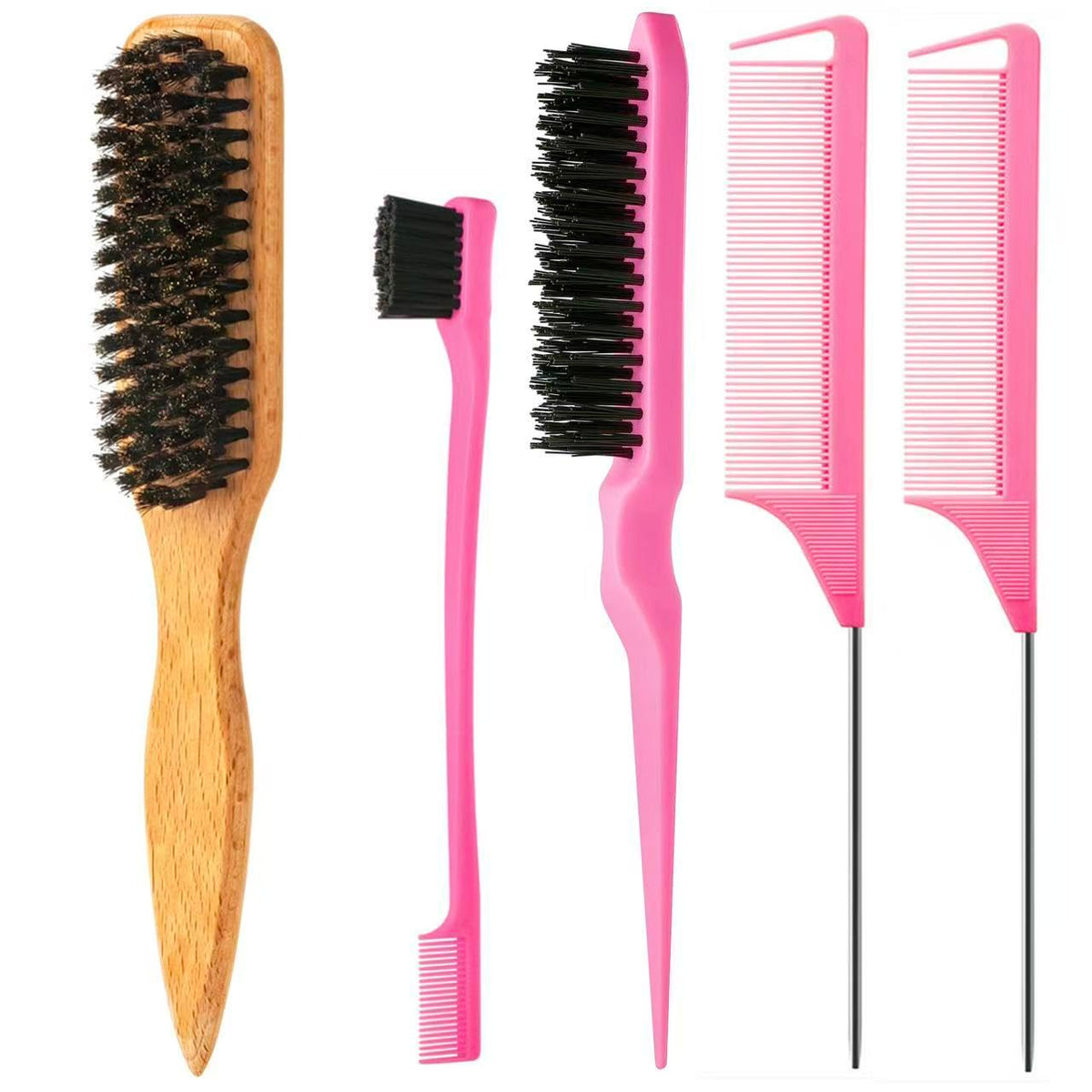 ZVOREI 5pcs Boar Bristle Hair Brush Set in pink, front view