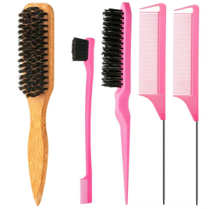 ZVOREI 5pcs Boar Bristle Hair Brush Set in pink, front view